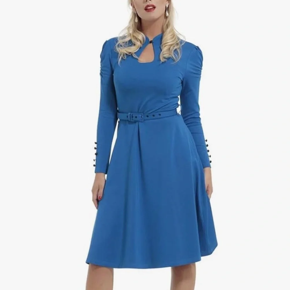 FINAL NEW Voodoo Vixen DITA Keyhole Neckline Long Sleeve Dress Blue Pinup SZ XL - Picture 1 of 5